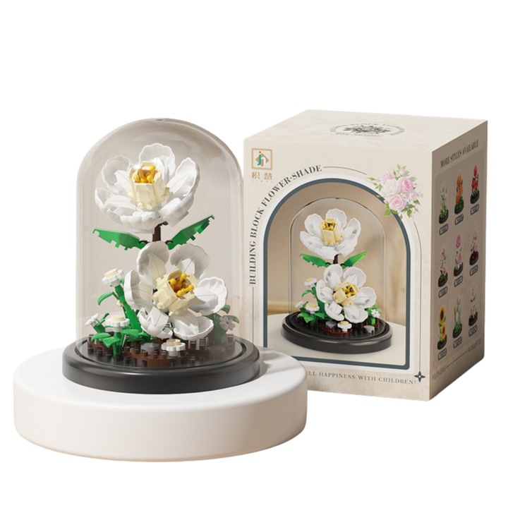 Set Constructie Lotus Alb Innovium™, Relaxare Creativa si Mindfulness, Pachet Special cu Dom Protectiv si Baza, Cadoul Perfect Copii si Adulti, Floare 3D cu Ghiveci, Colectia Botanica, 150 Piese, 85x85x106mm, ABS Premium, Alb