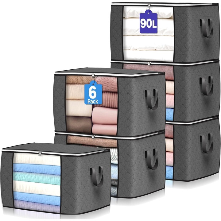 Set 6 cutii depozitare cu fermoar, 90 L, gri, 60x42x36 cm, material moale, manere intarite