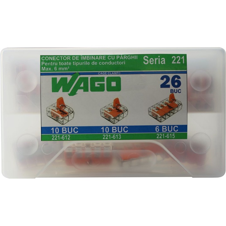 CONECTOR DE IMBINARE CU PARGHII WAGO SERIA 221 612 613 615 Pentru toate tipurile de conductori Max. 6 mm² 26 BUC