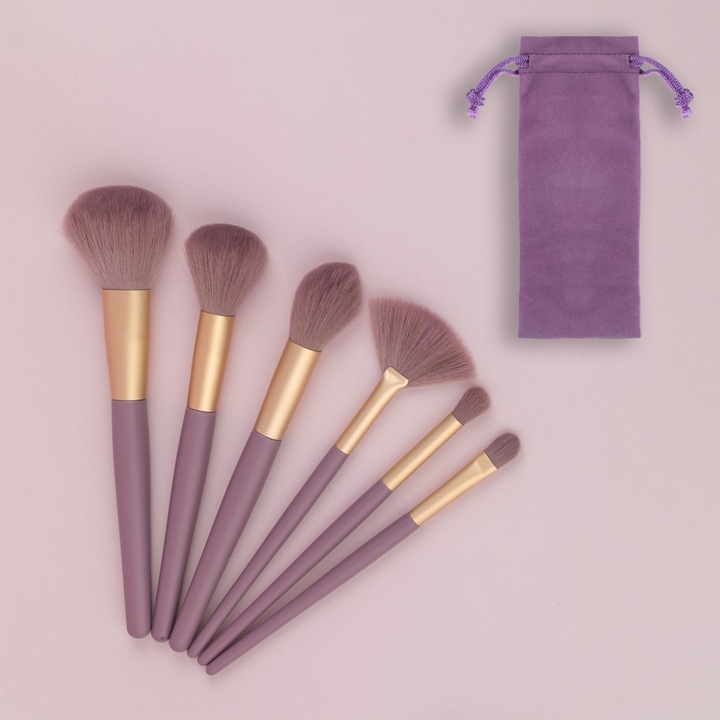 Set pensule machiaj de culoare lila aurie mata cu husa catifeata - 6buc