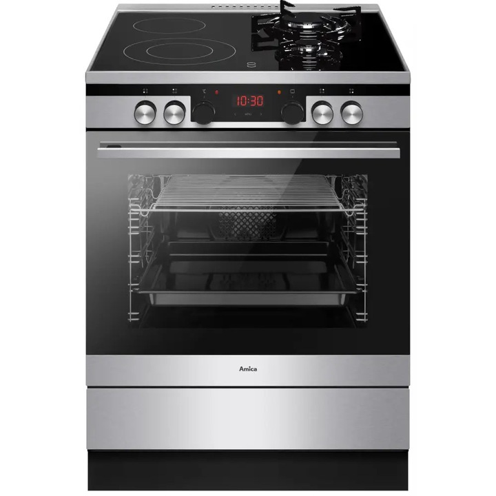 Aragaz Amica 6226McE3.45ZpTsD(Xx), 2 plite vitroceramice+2 arzatoare gaz, Cuptor electric, Inox-negru