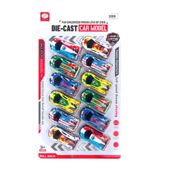 Set masinute aliaj, multicolore, 12 bucati, diverse modele