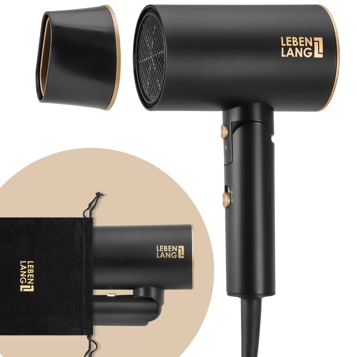 Uscator de par LEBENLANG Ionic, Uscare Rapida, Nucleu Ceramic, Antistatic, Putere 2100W, Pliabil, Negru Auriu, 2 Viteze Uscare, Cald si Rece, Husa Calatorie Inclusa, Protectie Supraincalzire