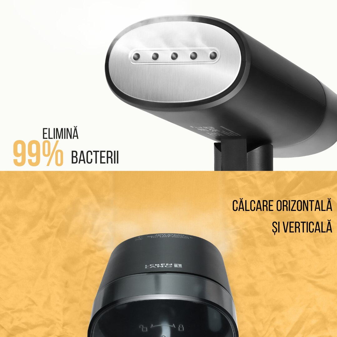 Aparat de calcat vertical cu abur LEBENLANG 2 in 1, Jet de Abur Puternic, Orizontal si Vertical, Elimina Bacterii, Manusa Protectie si Husa incluse, Sistem Anticalcar, Negru, Digital, Rezervor 120ml, Incalzire Rapida