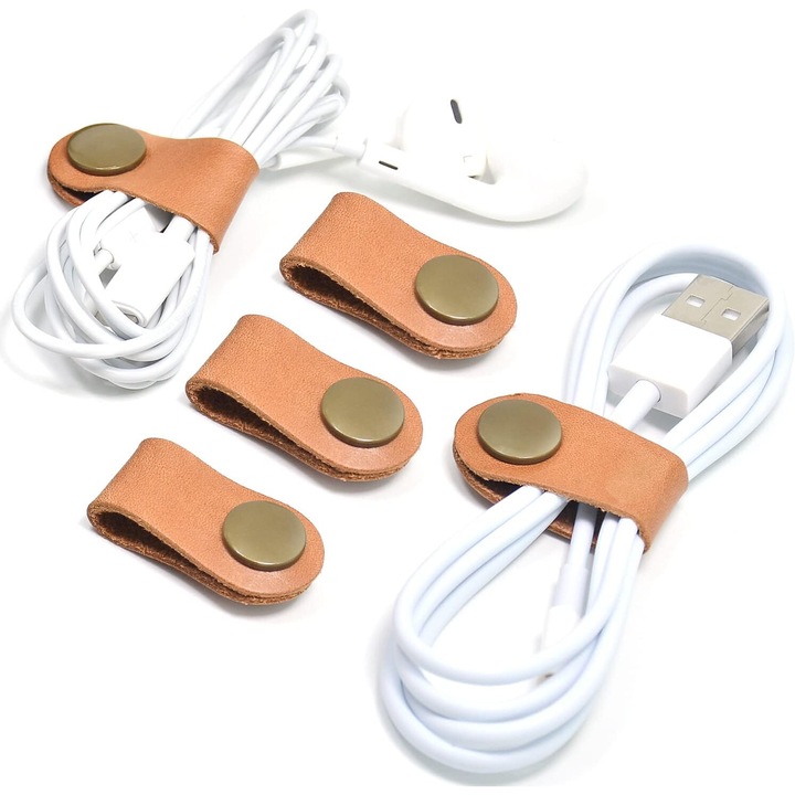 Organizator cabluri din piele, set 5 bucati, compact, pentru casti si cabluri USB
