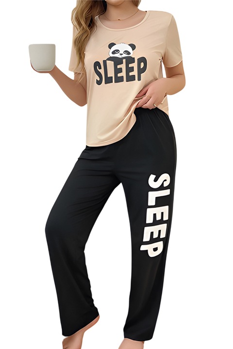 Pijama dama, set 2 piese, bluza cu maneca scurta si pantaloni lungi, model cute cu ursulet somnoros si text, tematica sleepy panda, EFAYN, Negru/Bej