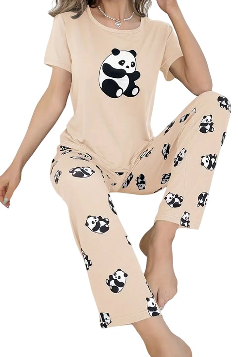 Pijama dama, set 2 piese, bluza cu maneca scurta si pantaloni lungi, model cute cu imprimeu ursulet panda dragalas, tematica sleepy buddy, EFAYN, Bej
