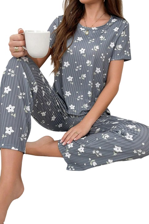 Pijama dama, set 2 piese, bluza cu maneca scurta si pantaloni lungi, model deosebit cu imprimeu floral, tematica lovely little flowers, EFAYN, Gri