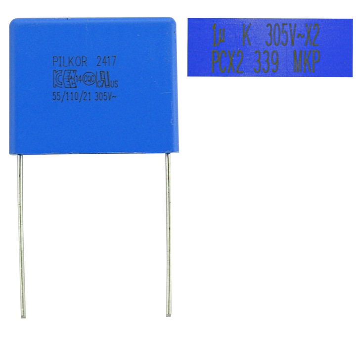 Pilkor polipropilén kondenzátor, PCX2339, 1uF, 305V, 11x21x26mm, -55 / +105°C