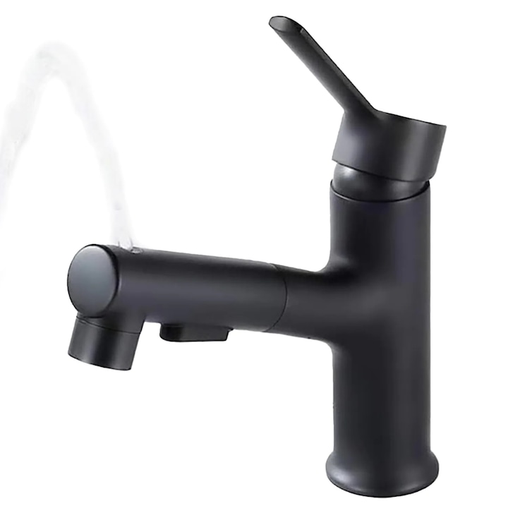 Смесител за мивка Elindor® Black, модерен смесител за вода за мивка, с гъвкав чучур, издърпваща се душ глава с три функции, едноръкохватков за баня и кухня, въртящ се на 360°, широка струя, многофункционален, матово покритие