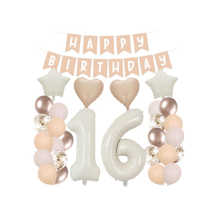 Комплект балони и декорации за 16 рожден ден, латекс и фолио, 34 части, кремаво и розово