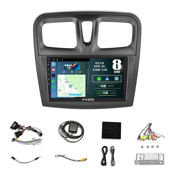 Navigatie Dacia Logan, Duster, Sandero ( 2012 - 2020 ) dedicata Android 13 si Carplay, MaxTech®, ecran de 9'' QLED, 8 GB RAM 128 GB ROM, RDS, functii Sim 4G, GPS, WIFI, Bluetooth, Waze, MirrorLink