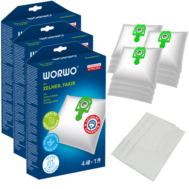 Set de 12 saci de aspirare si 3 filtre, Perfect Bag Worwo ZMB01K, Compatibil cu ZELMER