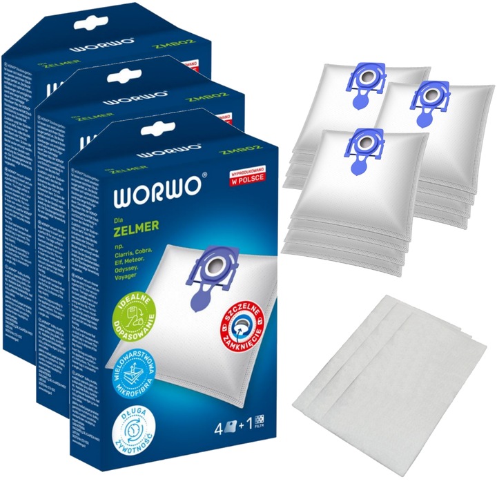 Set de 12 saci de aspirare si 3 filtre, Perfect Bag Worwo ZMB02K, Compatibil cu ZELMER