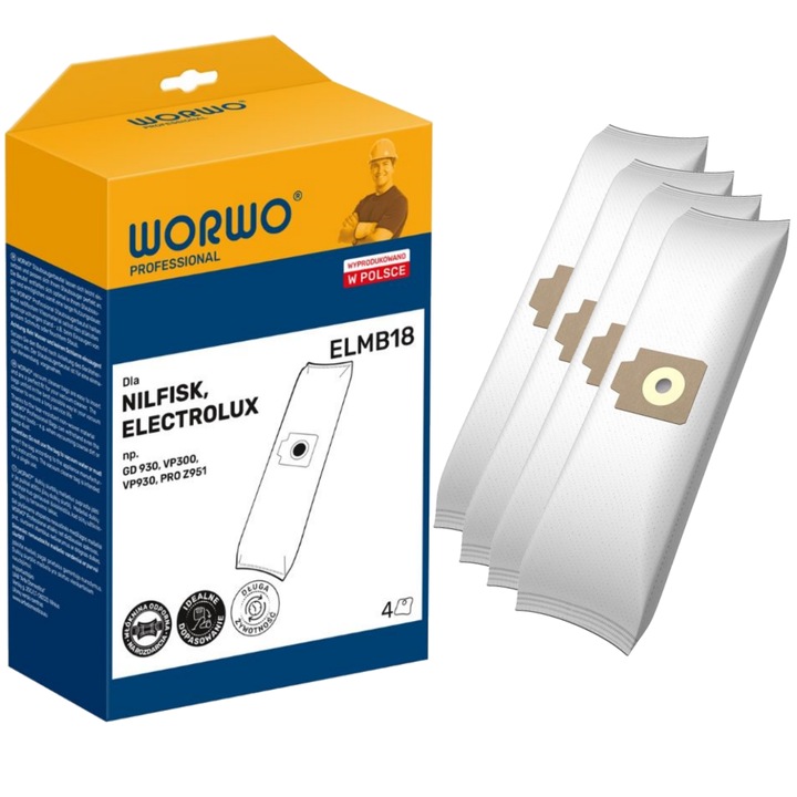 Set de 4 saci de aspirare, Professional Worwo ELMB18, Compatibil cu NILFISK ELECTROLUX