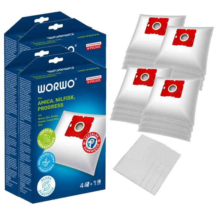 Set de 16 saci de aspirare si 4 filtre, Perfect Bag Worwo MPMB02, Compatibil cu AMICA Ora/ZONDA
