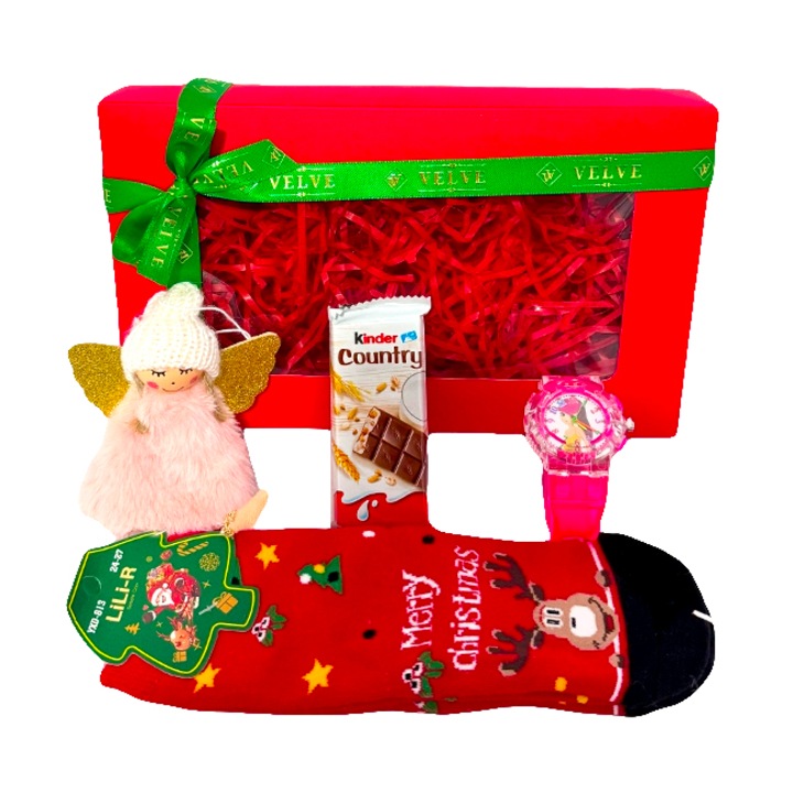 Пакет Secret Santa с украса за елха, часовник и чорапи за деца, шоколад Kinder Country, в кутия с прозорче, Velve