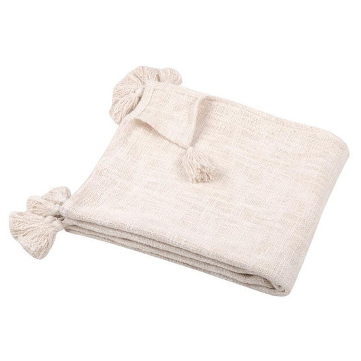 Patura din bumbac SANCHEZ cu ciucuri, 125 x 150 cm - ecru