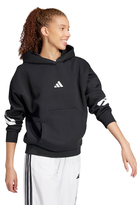 adidas Sportswear, Hanorac din amestec de bumbac cu buzunar kangaroo, Negru/Alb optic