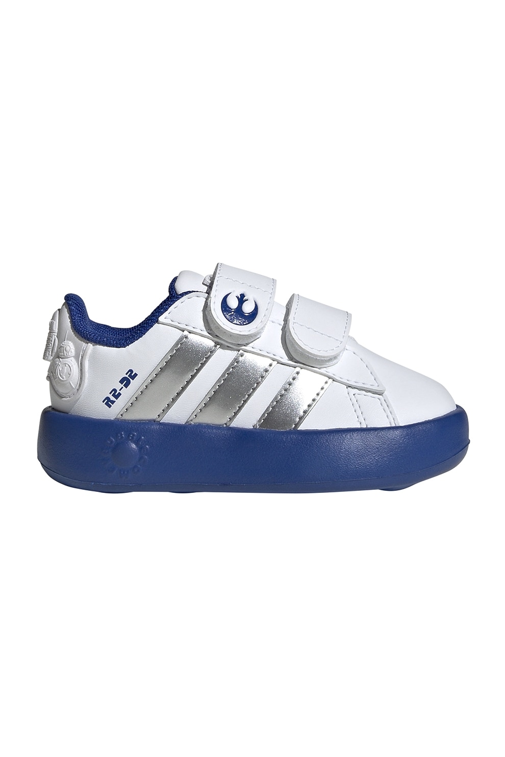 adidas Sportswear, Pantofi sport de piele ecologica cu velcro Droids Grand Court, Alb, Albastru royal, 26.5 EU
