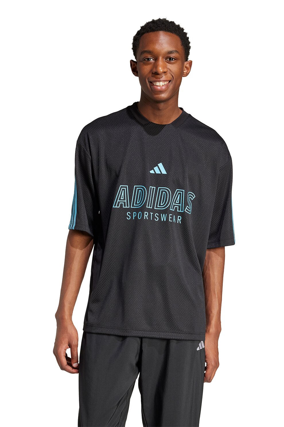 adidas Sportswear, Tricou cu logo, Albastru pastel, Negru stins, L