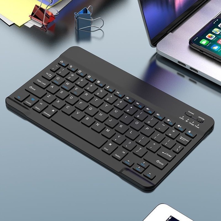 Tastatura Bluetooth wireless, compatibila cu iPad, tableta, telefon, tastatura universala pentru trei sisteme, include mouse wireless, conectare automata, 10 inci, negru