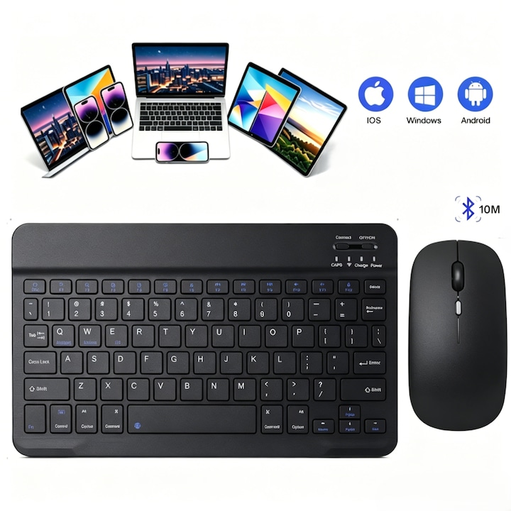 Tastatura Bluetooth wireless, compatibila cu iPad, tableta, telefon, tastatura universala pentru trei sisteme, include mouse wireless, conectare automata, 10 inci, negru