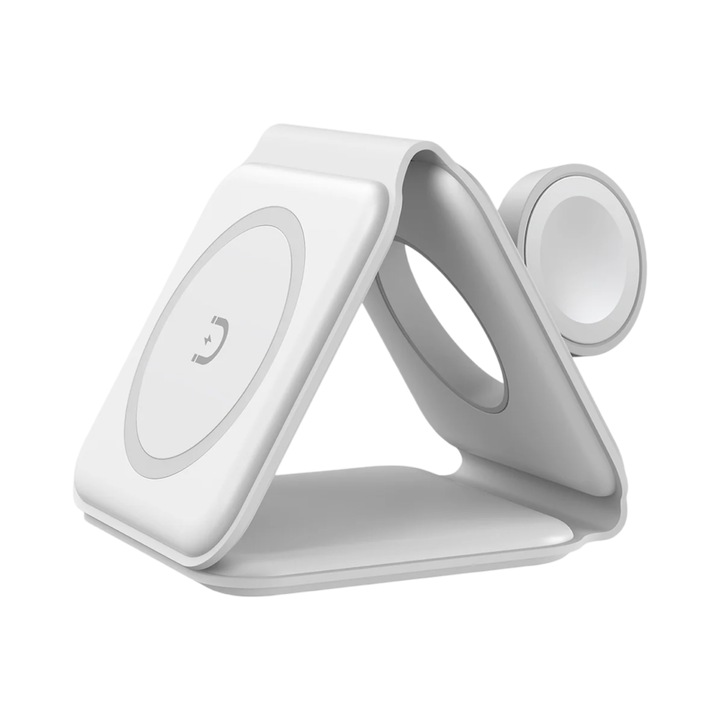 Statie de Incarcare Wireless 3 in 1, Magnetica, Pliabila, FastCharge Qi 15W, Compatibila cu iPhone Magsafe, Samsung, Huawei, Oppo, Xiaomi, Apple Watch, Airpods Pro, Galaxy Buds, Alb