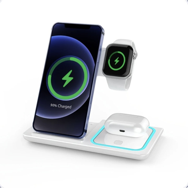 Incarcator Wireless 3 in 1, Fast Charger 15W, pentru Telefon, Casti si Ceas Inteligent, compatibil cu AirPods, Apple Watch (toate seriile) si telefoane Apple, Samsung, Huawei, Xiaomi, Alb