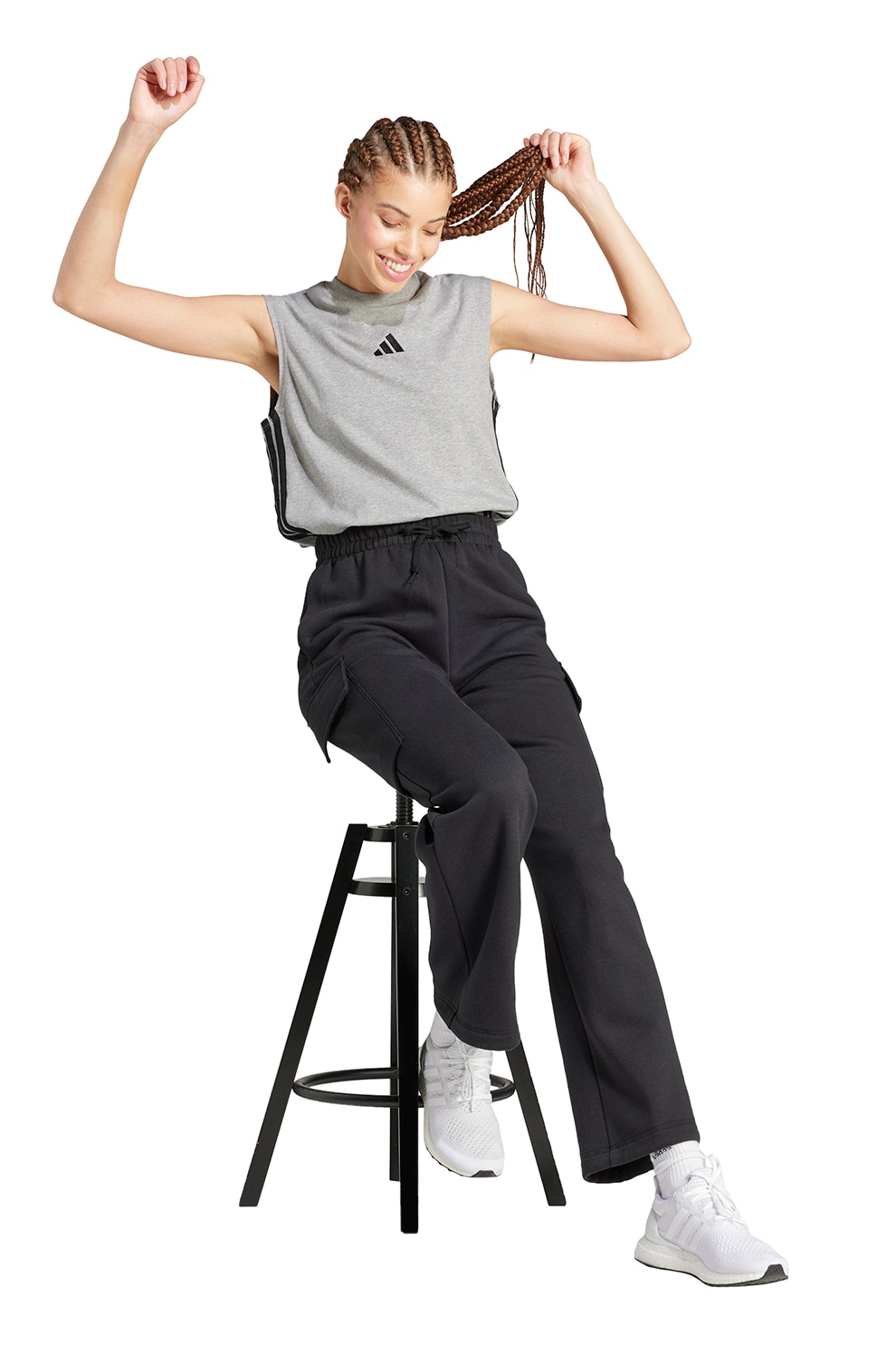 adidas Sportswear, Pantaloni de trening din amestec de bumbac cu buzunare cargo, Negru stins, Alb optic, S