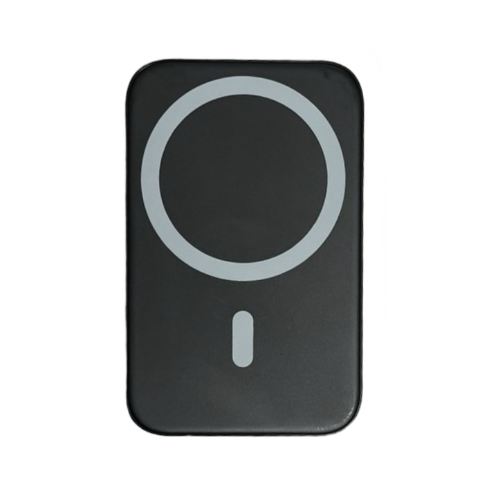 Baterie Externa MagSafe 5000 mAh, Incarcare Wireless si Prin Cablu, cu Porturi Lightning si USB-C, Compatibila cu iPhone 12/13/14/15, Negru