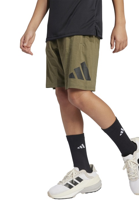 adidas Sportswear, Bermude cu imprimeu logo, Negru/Verde masliniu
