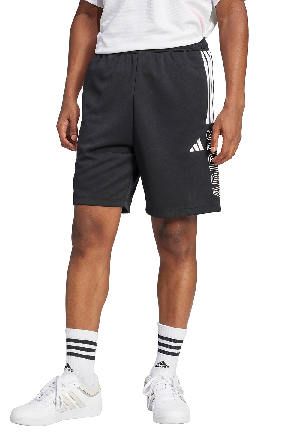 adidas Sportswear, Pantaloni scurti cu imprimeu logo Tiro, Negru stins, Alb optic, L