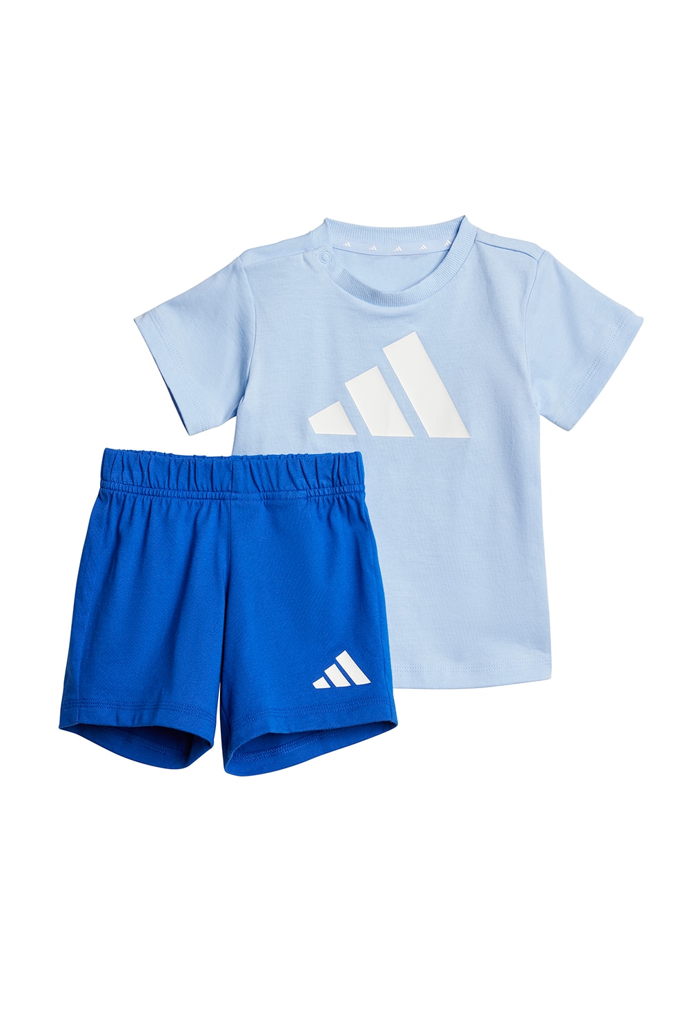 adidas Sportswear, Set de pantaloni scurti si tricou cu imprimeu logo, Albastru pastel, Albastru royal, Alb optic, 104 CM