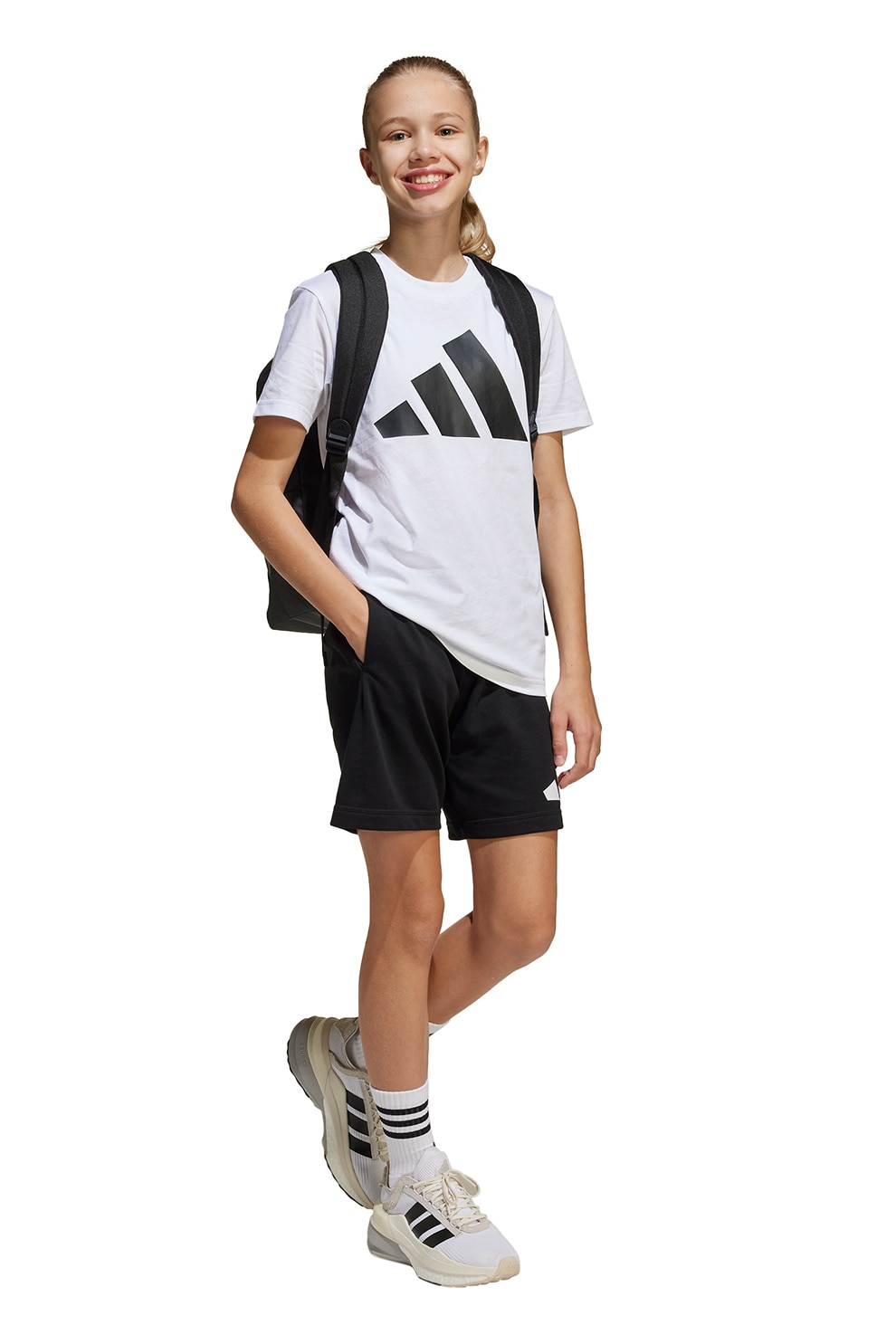 adidas Sportswear, Trening de bumbac cu pantaloni scurti si imprimeu logo, Negru stins, Alb optic, 128 CM