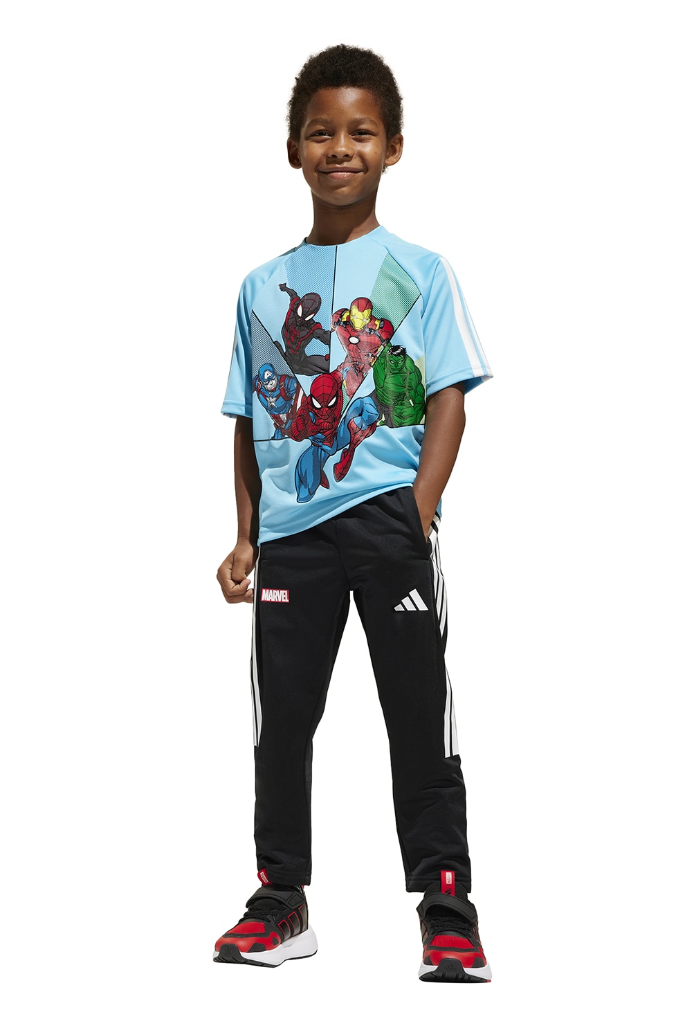 adidas Sportswear, Tricou regular fit cu model Marvel, Alb, Albastru deschis, 98 CM