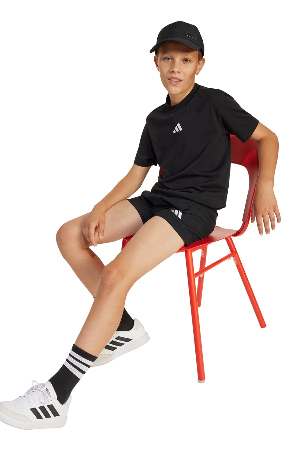 adidas Sportswear, Tricou de bumbac cu decolteu la baza gatului, Negru, Alb optic, 128 CM