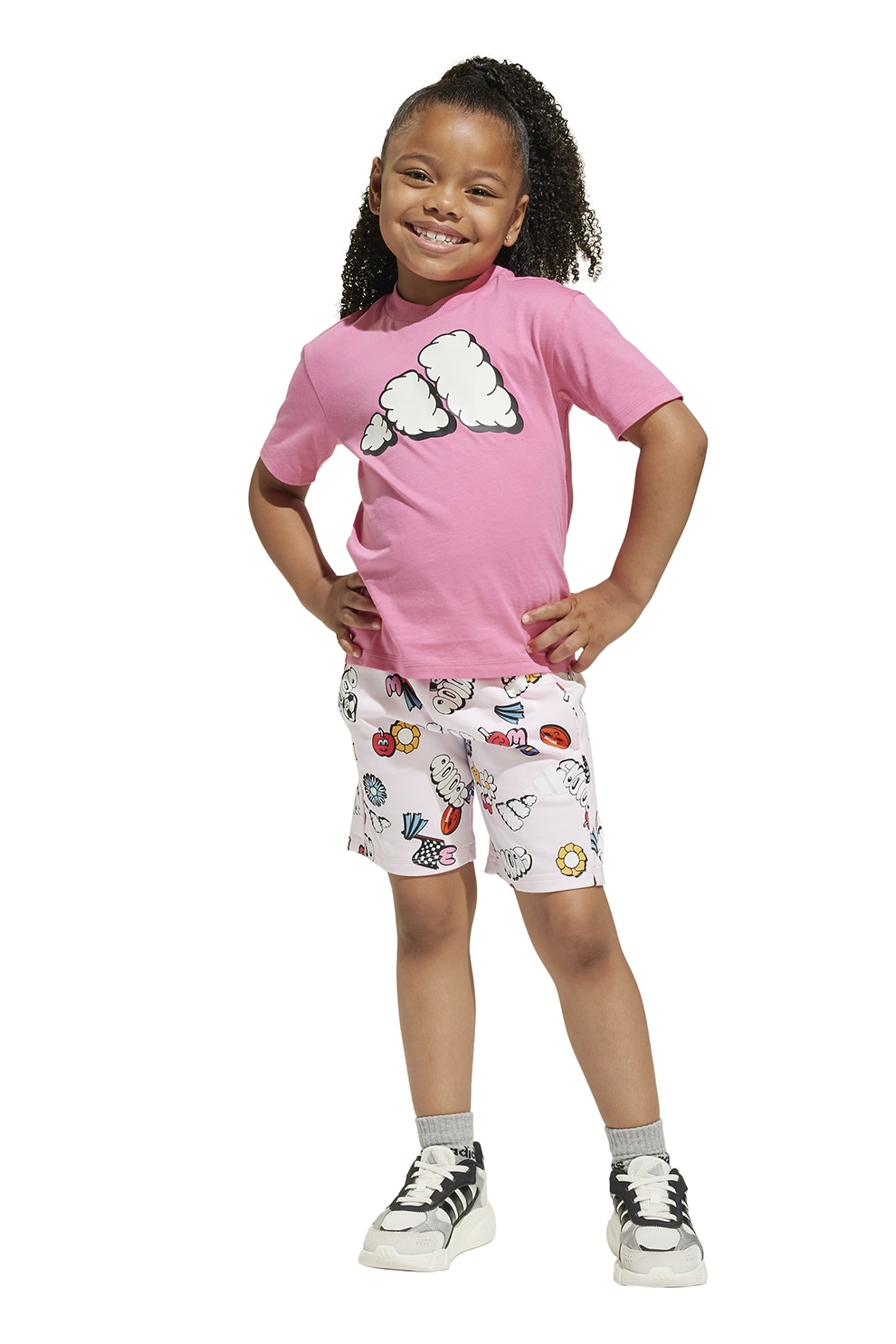 adidas Sportswear, Set de tricou si pantaloni scurti cu imprimeu - 2 piese, Rosu, Alb, Roz, 110 CM