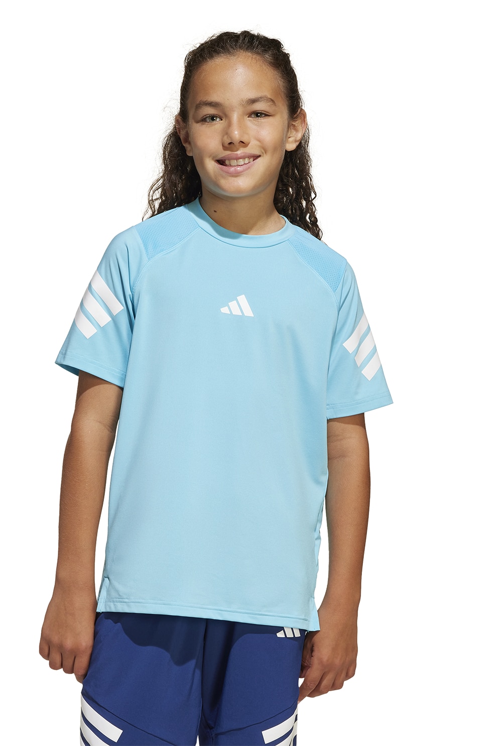 adidas Sportswear, Tricou cu decolteu la baza gatului si logo, Alb, Albastru deschis, 152 CM