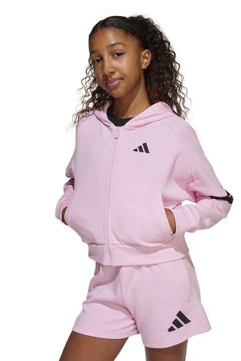 adidas Sportswear, Худи с цип и джобове встрани, Черен/Пастелнорозов