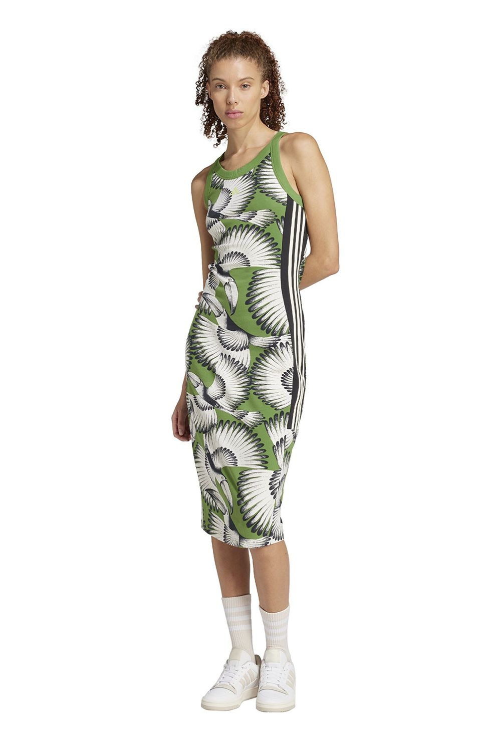 adidas Sportswear, Rochie midi cambrata FARM, Alb, Verde, M