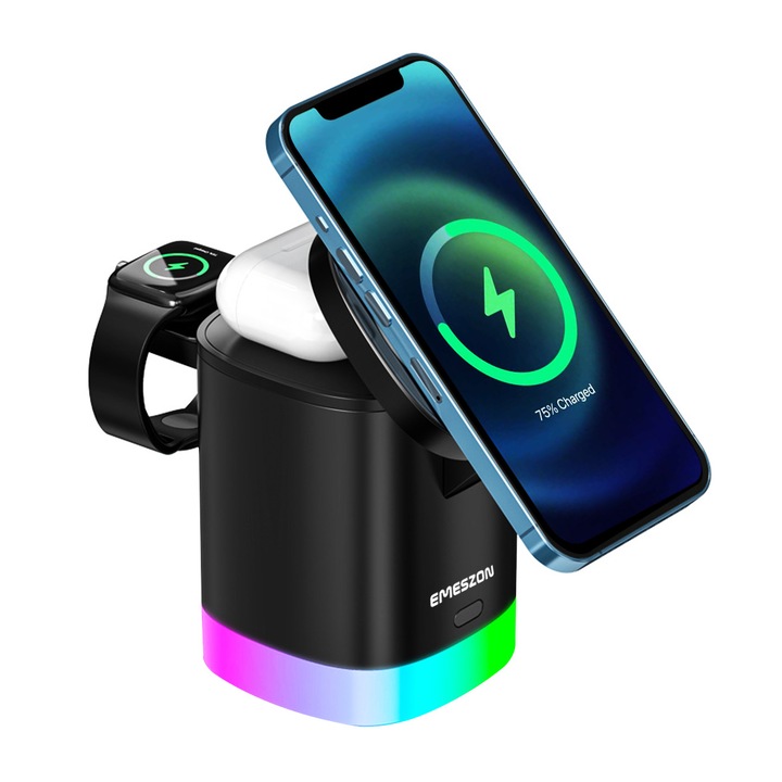 Безжична станция за зареждане Magsafe 15W RGB ET15, Emeszon®, зарежда 3 устройства едновременно, Quick Charge 15W, Съвместима с iPhone, AirPords, Apple Watch, Samsung, LG, Nokia, Sony, Черен