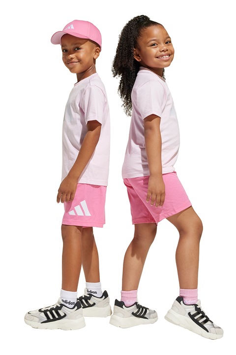 adidas Sportswear, Ser de tricou de bumbac si pantaloni scurti cu logo, 2 piese, Alb/Roz