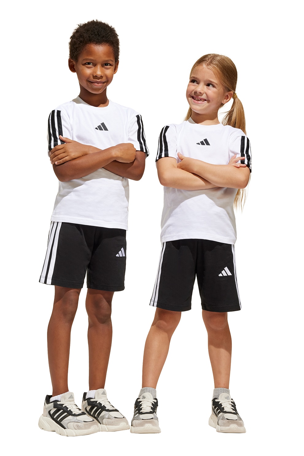 adidas Sportswear, Set de pantaloni scurti si tricou din bumbac, Negru, Alb optic, 116 CM