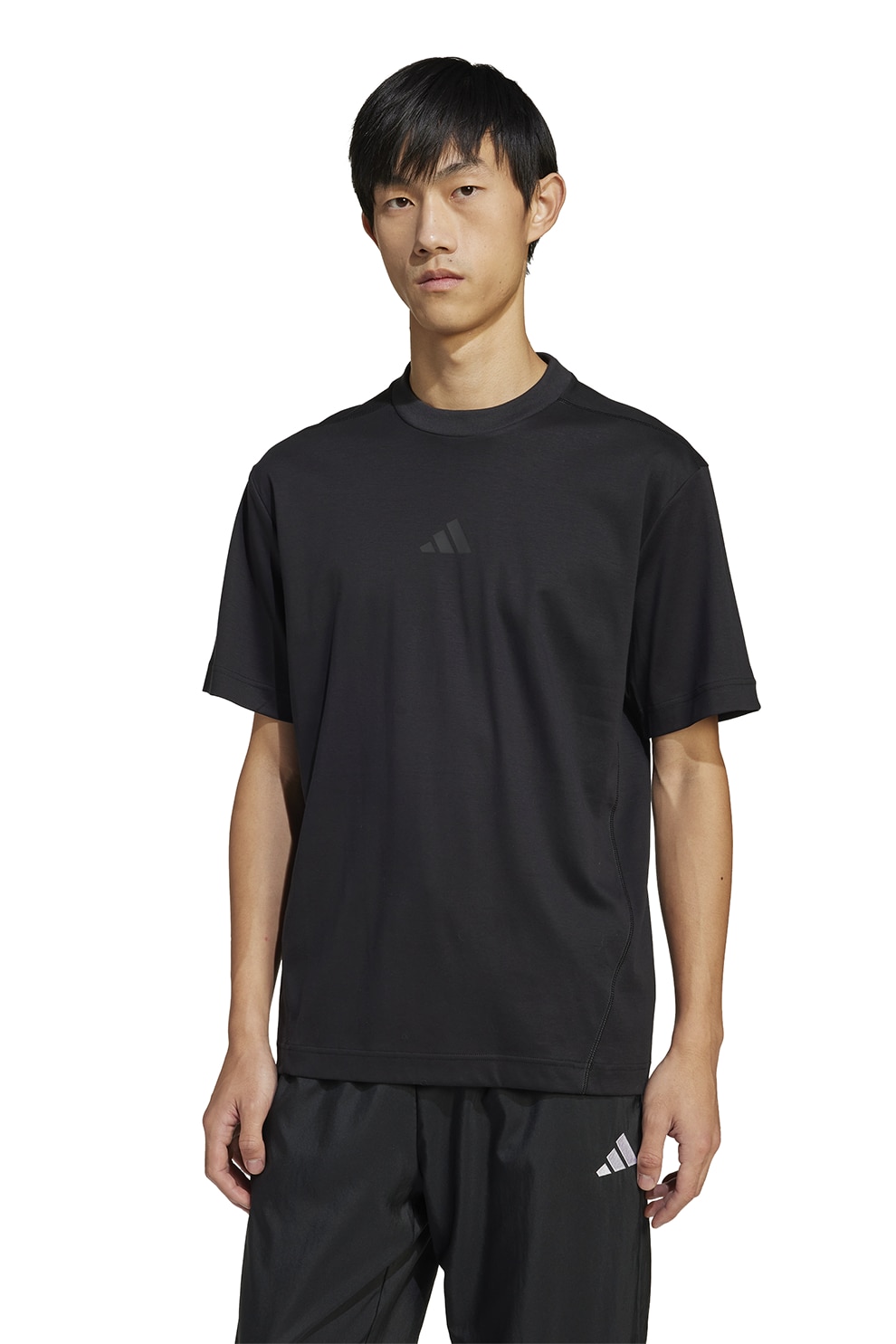 adidas Sportswear, Tricou cu decolteu la baza gatului si detaliu cu model monograma, Negru, M
