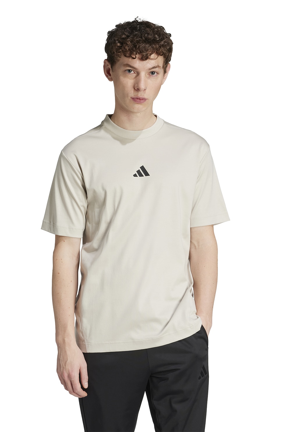 adidas Sportswear, Tricou cu decolteu la baza gatului si detaliu cu model monograma, Negru, Grej, L