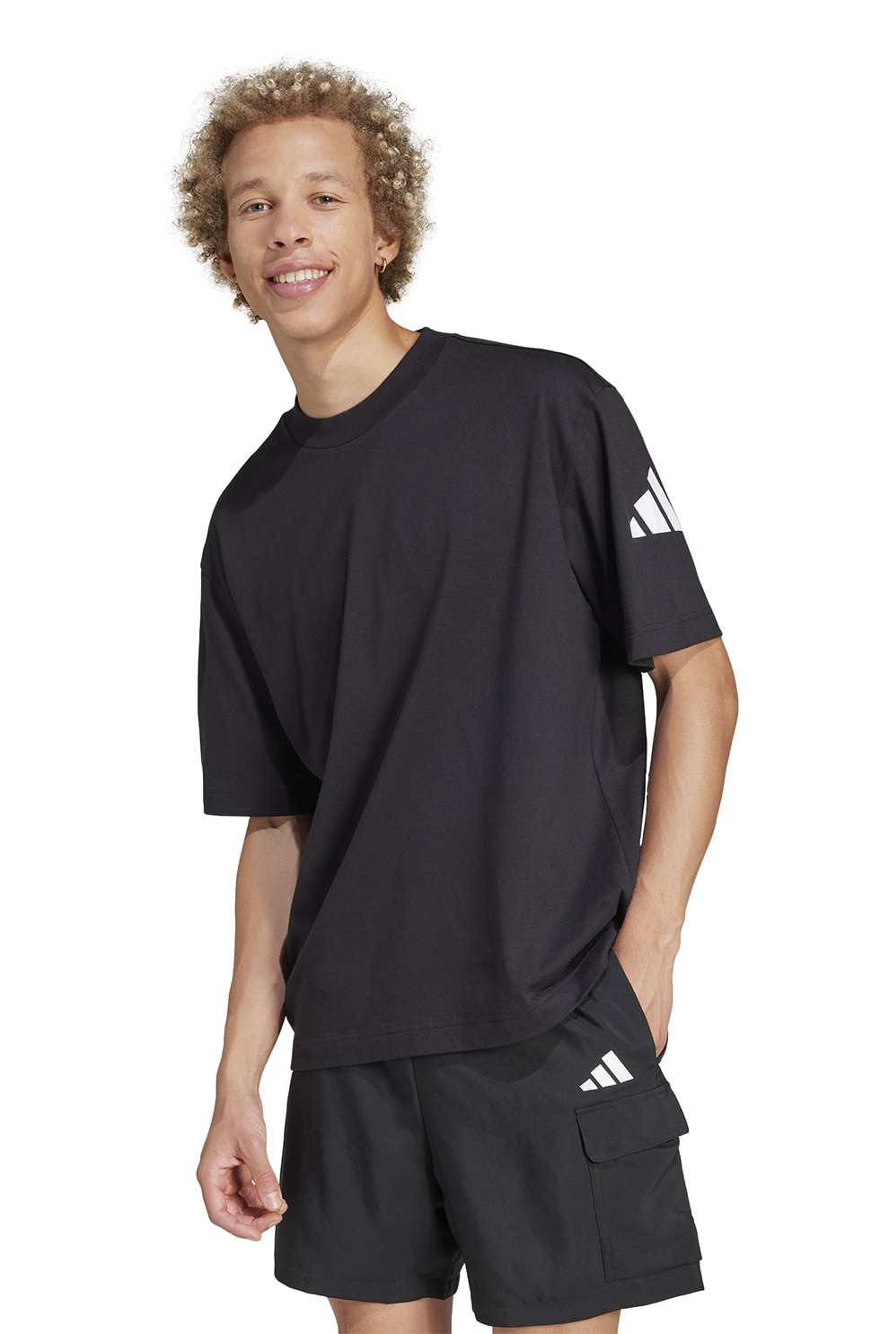 adidas Sportswear, Tricou cu decolteu la baza gatului si detaliu cu logo pe maneci, Alb, Negru, L