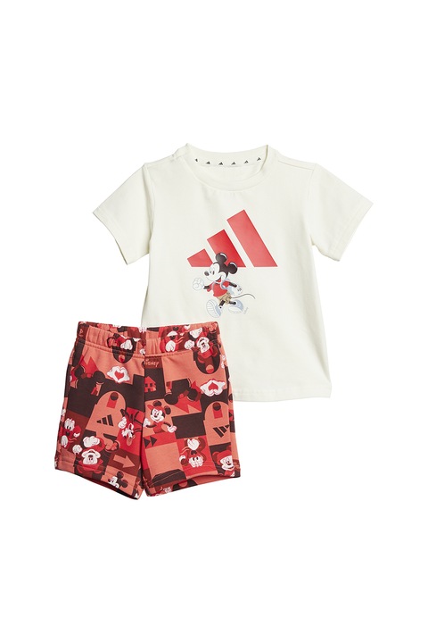 adidas Sportswear, Set de tricou si pantaloni scurti din amestec de bumbac cu Mickey Mouse, Rosu/Alb/Portocaliu