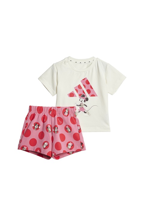 adidas Sportswear, Set de tricou si pantaloni scurti din amestec de bumbac cu Minnie Mouse, Rosu/Alb murdar/Roz