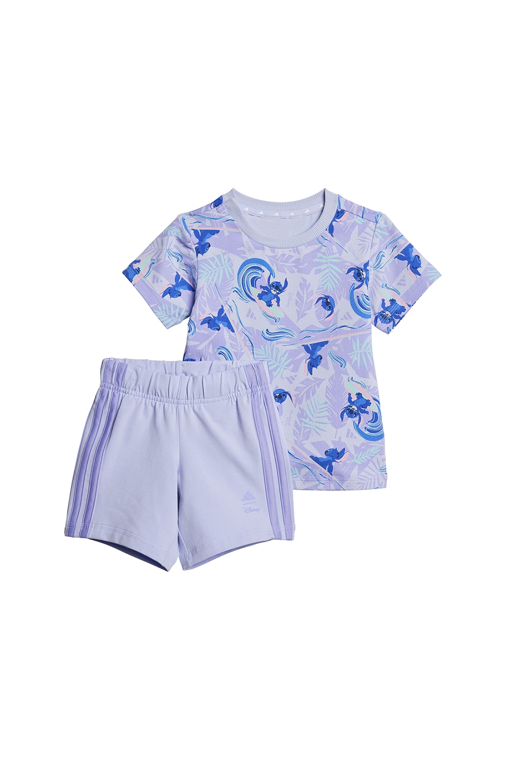 adidas Sportswear, Set de tricou si pantaloni scurti din amestec de bumbac cu model cu Stitch, Lila, Albastru, 104 CM